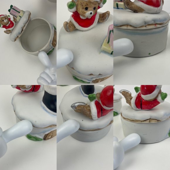 Vtg 2 Homco Christmas Holiday Teddy Bears Trinket Box Round Porcelain w Lid Deco - Picture 10 of 11
